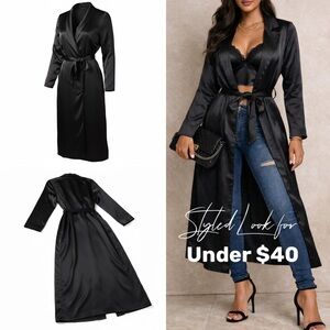 Forever 21 Satin Black Trench Duster Kimono • Layering Piece • Under $40 Style
